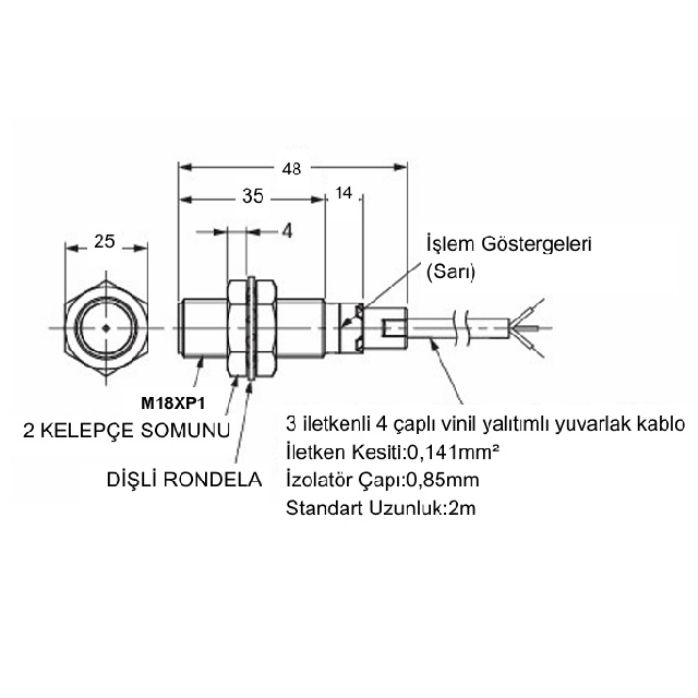 PAJ18A2-5ZP1                            Çap:18mm/Algılama:5mm/2 TELLİ/PNP/NO/2 Metre                         Kablolu