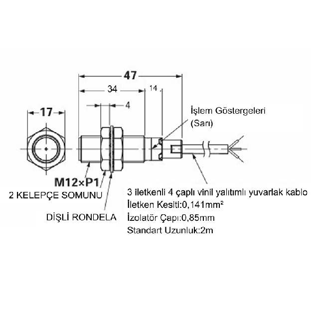 PAJ12P3-2ZNO                              Çap:12mm/Algılama:2mm/3 TELLİ/NPN/NO/2Metre                 Kablolu