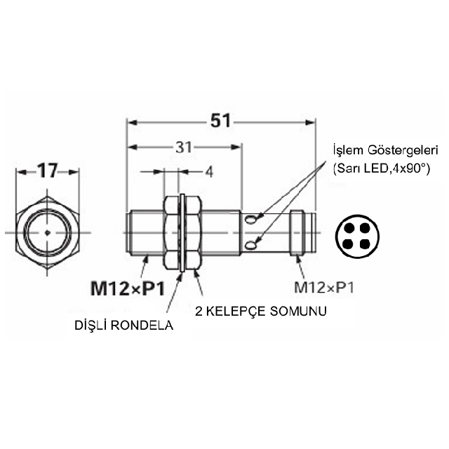 PAL12A3-4ZPC-T                      Çap:12mm/Algılama:4mm/PNP/NC/Soketli