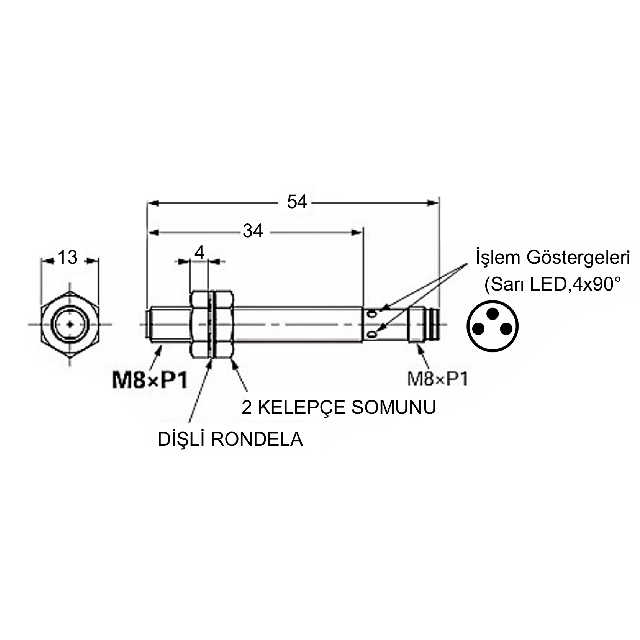 PAL8P3-2ZNC-T                            Çap:8mm/Alıgalma :2mm/NPN/NC/Soketli
